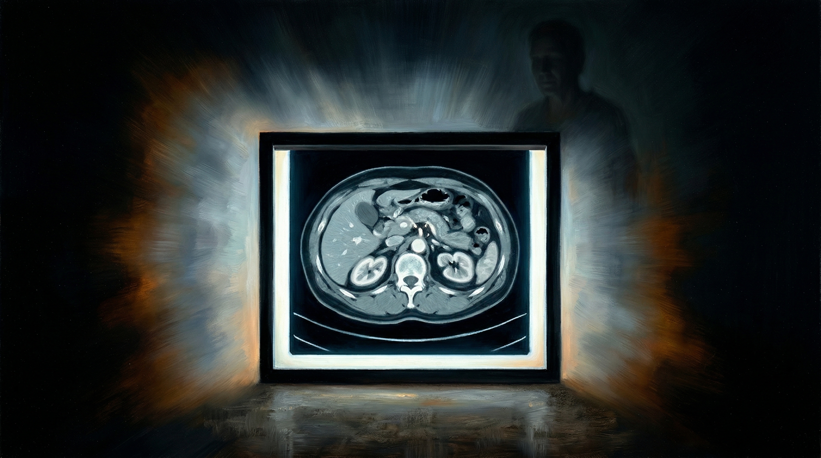 A glowing CT scan lightbox in a dark reading room with a watching figure behind it — the God who sees what is hidden