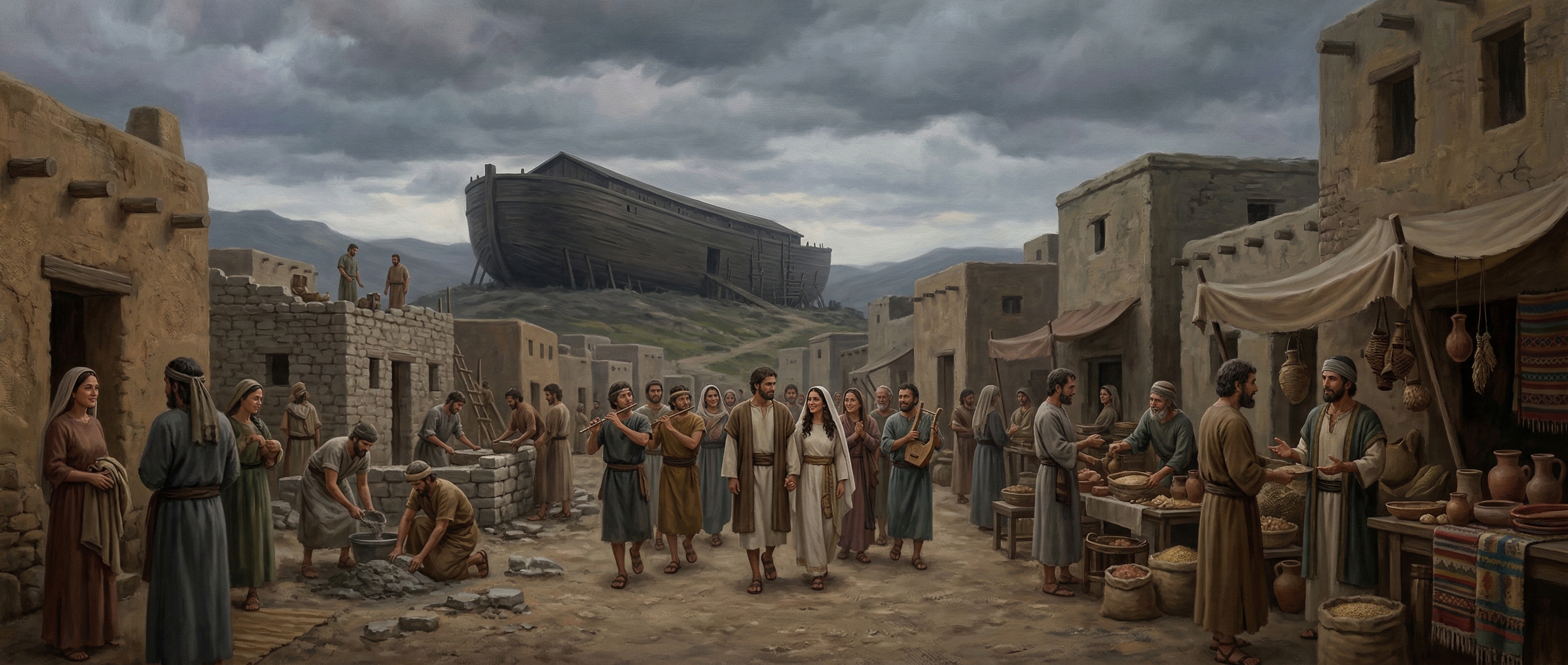Stable Is Not Well — ordinary life continuing in Noah's day while the ark stands as an ignored warning