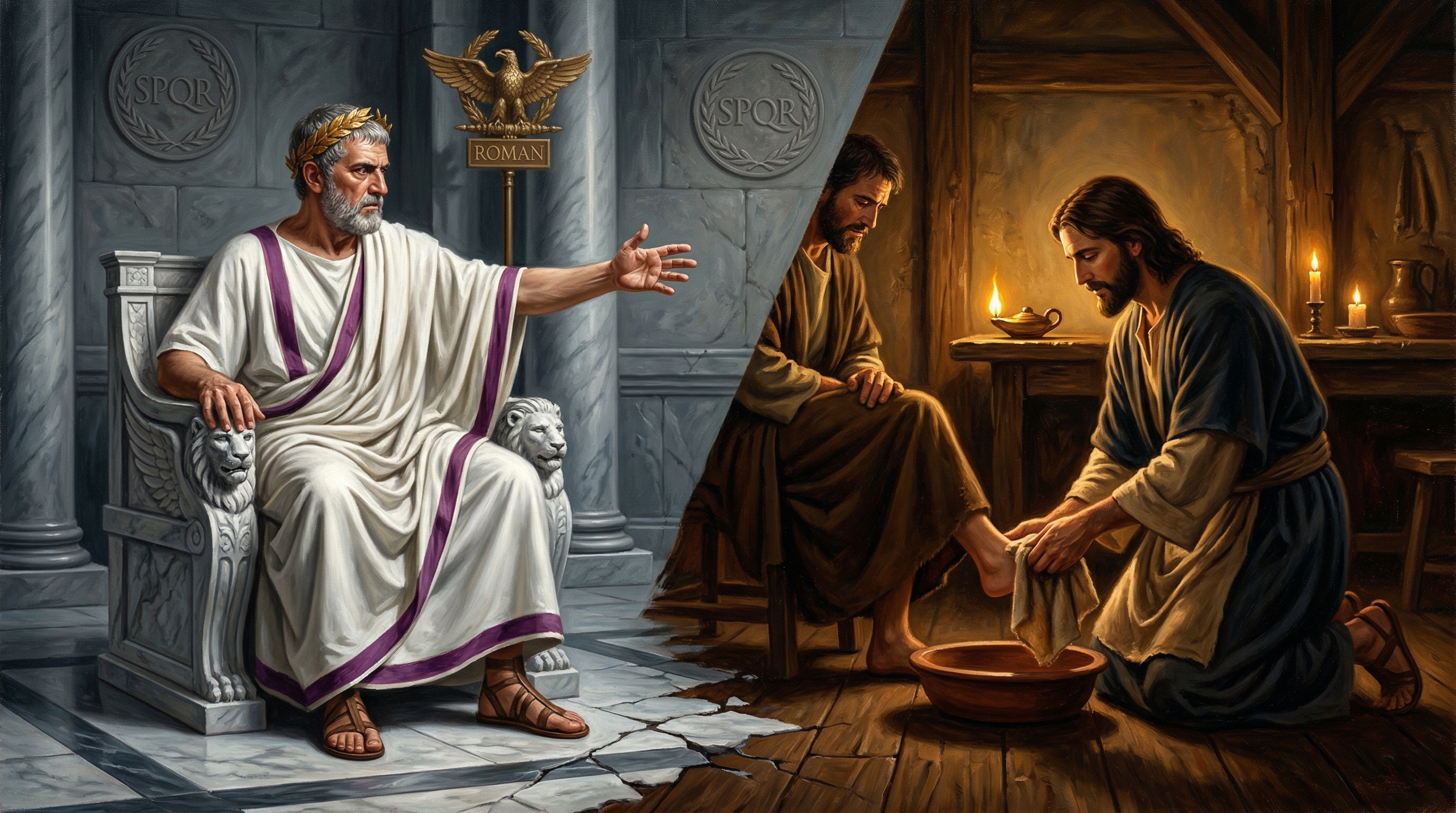 A Roman paterfamilias on his marble throne of command contrasted with Christ kneeling to wash a disciple's feet by candlelight